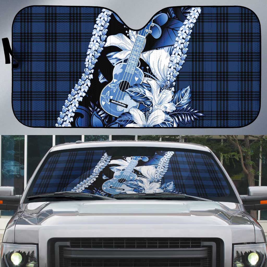 Hawaii Ukulele Auto Sun Shade Tropical Flowers With Palaka Effect Blue Version LT05 Blue - Polynesian Pride