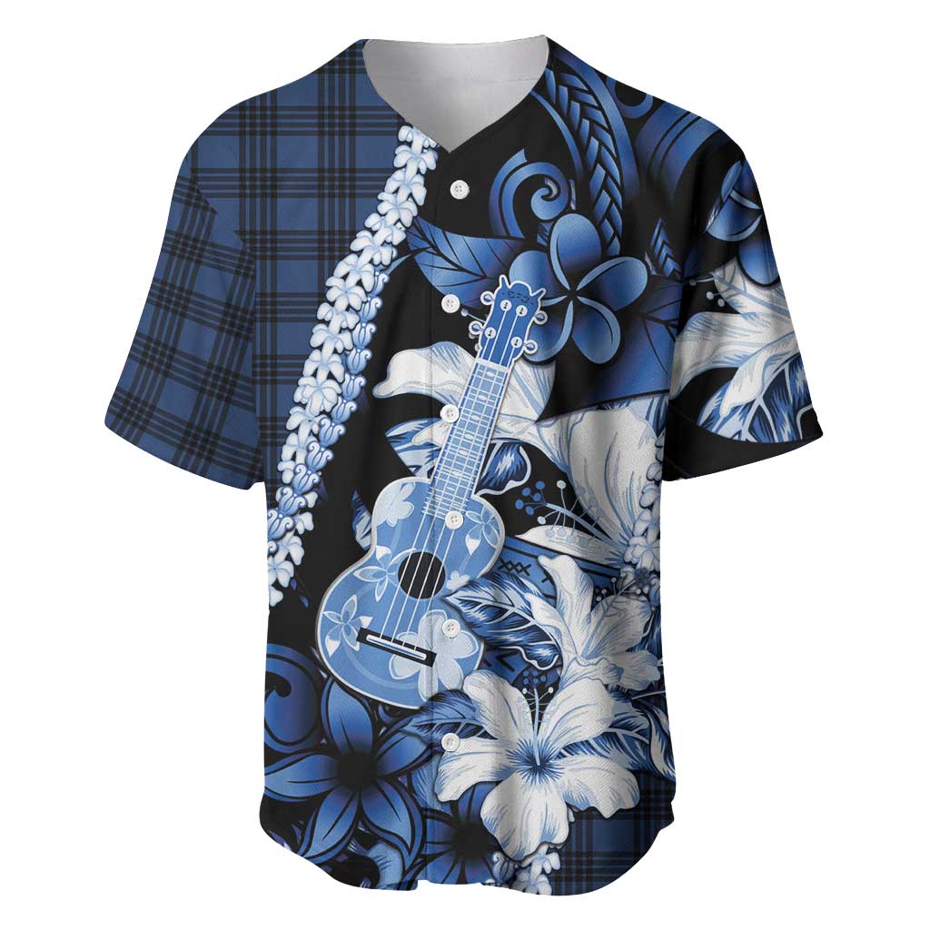 Hawaii Ukulele Baseball Jersey Tropical Flowers With Palaka Effect Blue Version LT05 Blue - Polynesian Pride