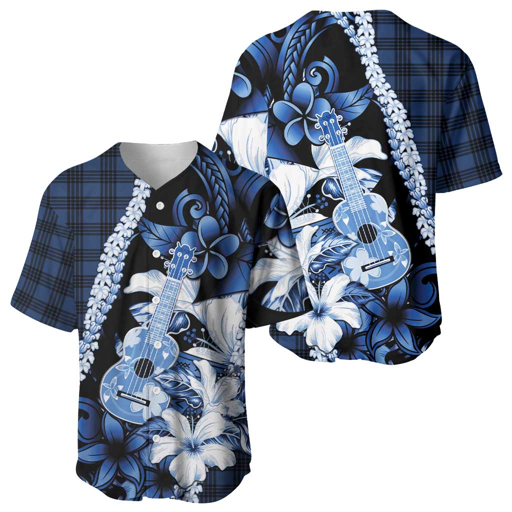 Hawaii Ukulele Baseball Jersey Tropical Flowers With Palaka Effect Blue Version LT05 - Polynesian Pride