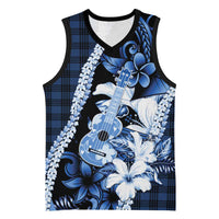 Hawaii Ukulele Basketball Jersey Tropical Flowers With Palaka Effect Blue Version - Polynesian Pride
