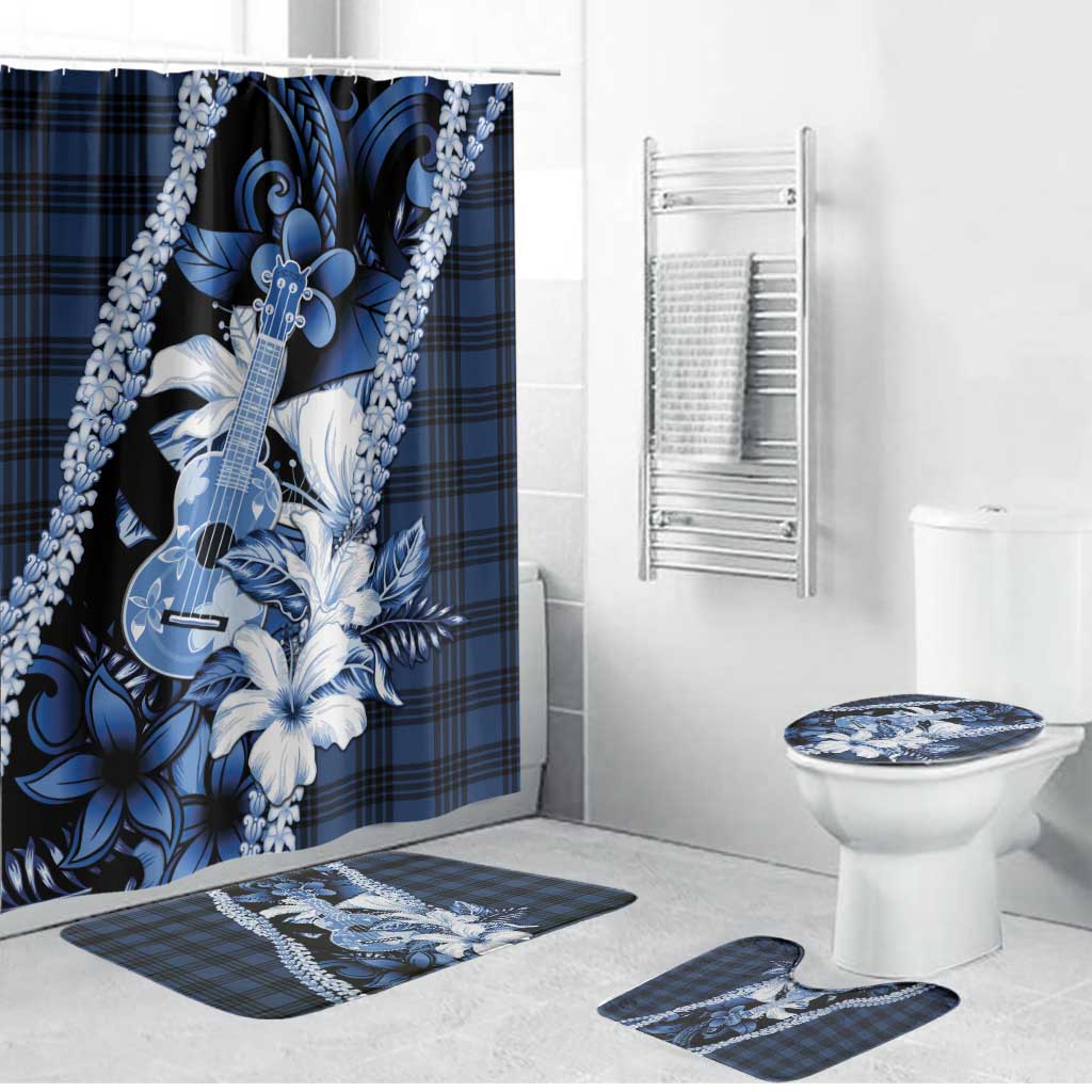Hawaii Ukulele Bathroom Set Tropical Flowers With Palaka Effect Blue Version LT05 Bathroom Set (4 pcs) Blue - Polynesian Pride