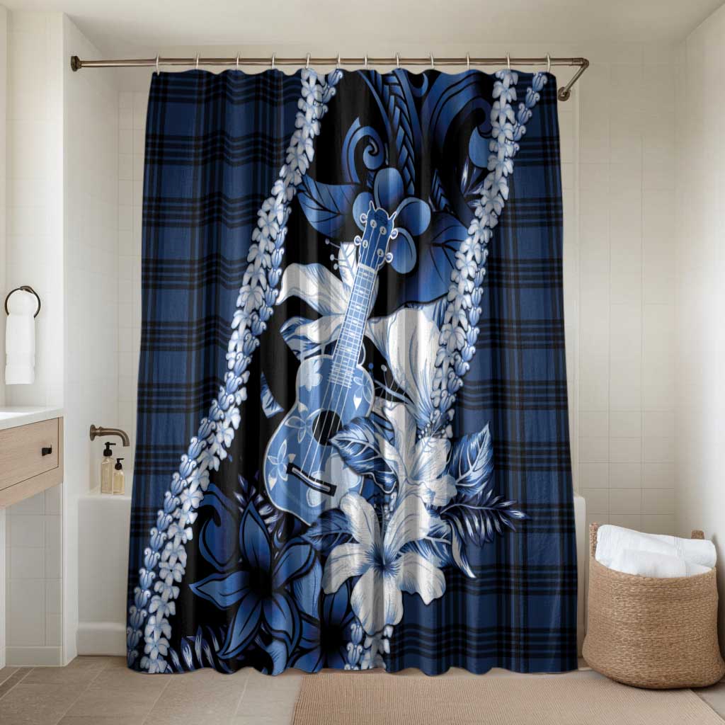 Hawaii Ukulele Bathroom Set Tropical Flowers With Palaka Effect Blue Version LT05 Shower Curtain Only Blue - Polynesian Pride