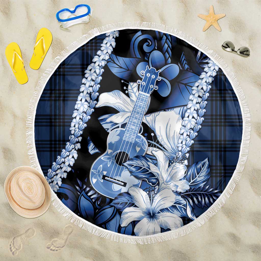 Hawaii Ukulele Beach Blanket Tropical Flowers With Palaka Effect Blue Version - Polynesian Pride