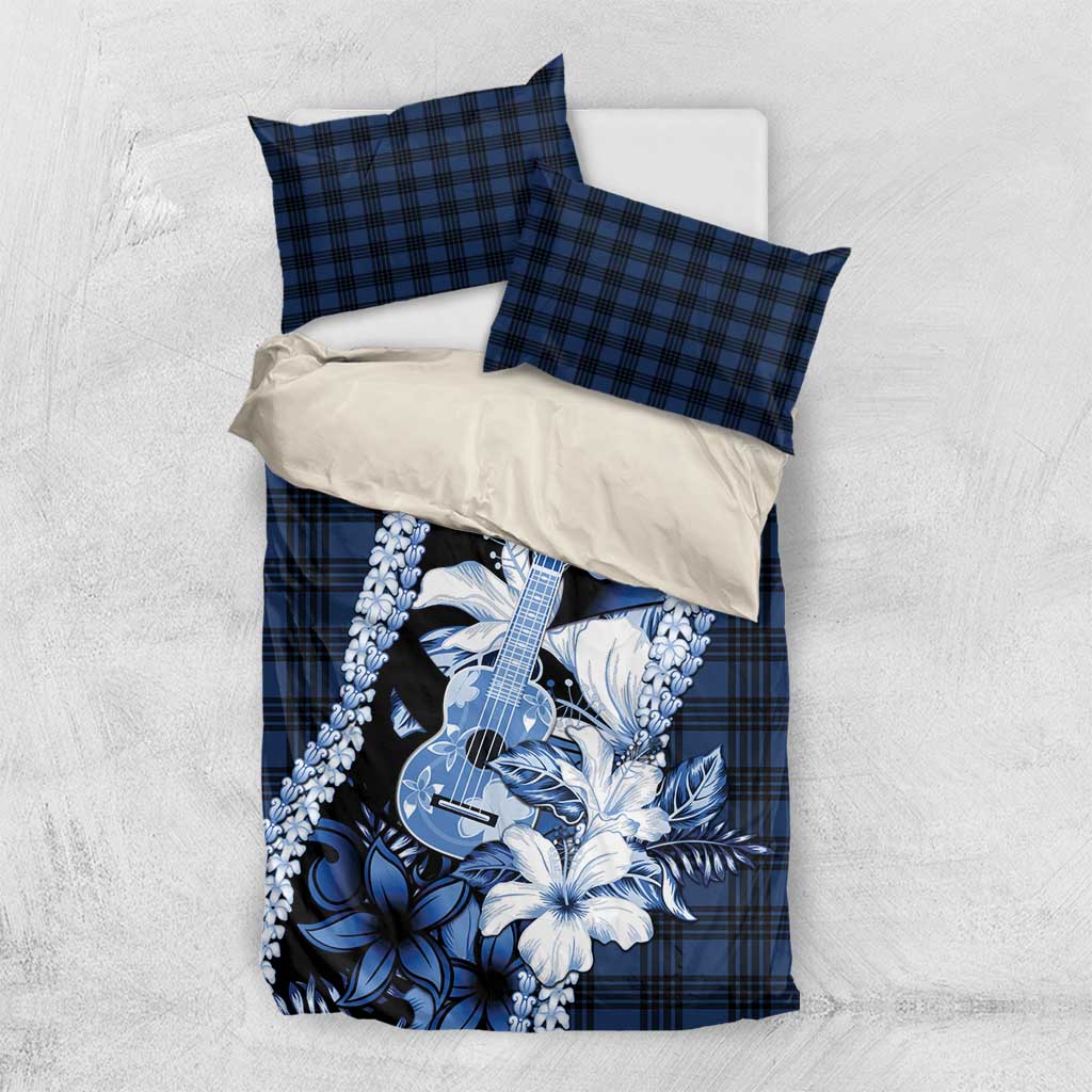Hawaii Ukulele Bedding Set Tropical Flowers With Palaka Effect Blue Version - Polynesian Pride