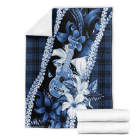 Hawaii Ukulele Blanket Tropical Flowers With Palaka Effect Blue Version - Polynesian Pride
