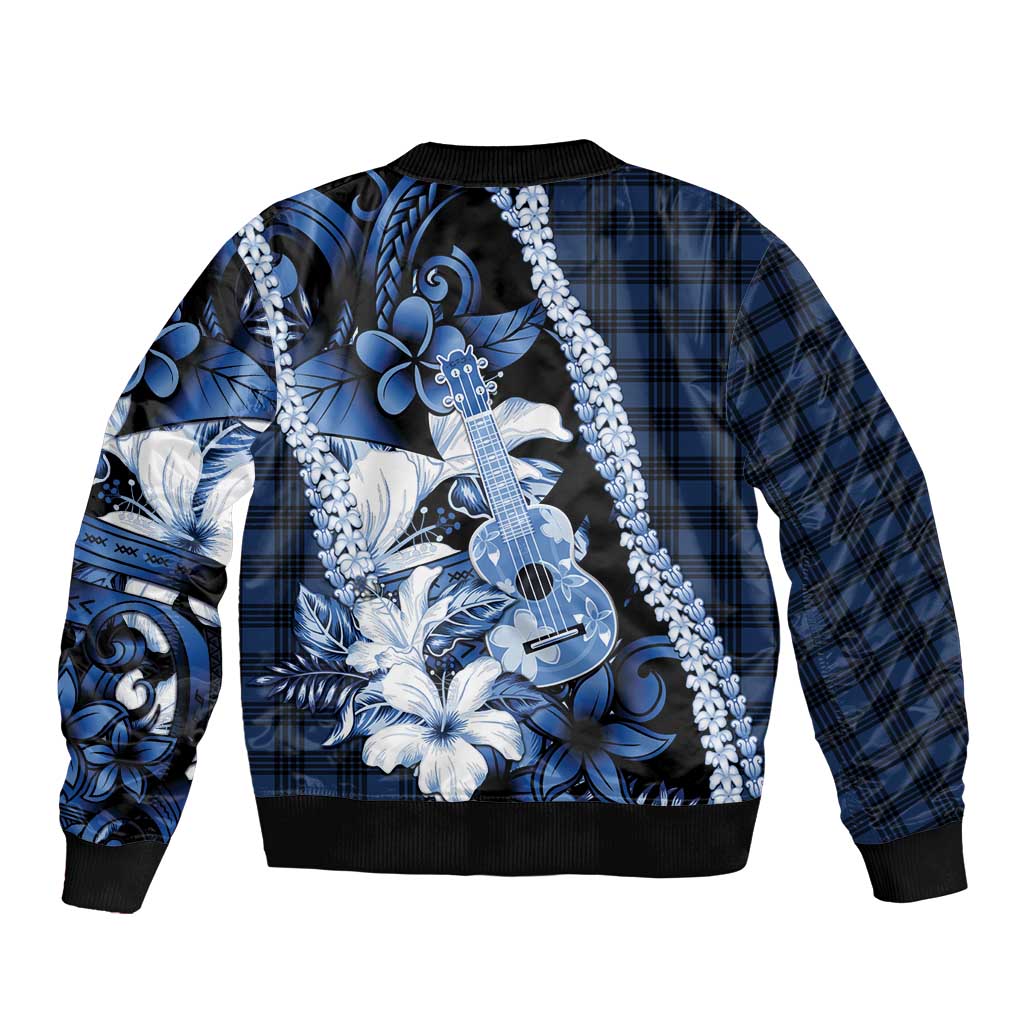 Hawaii Ukulele Bomber Jacket Tropical Flowers With Palaka Effect Blue Version - Polynesian Pride
