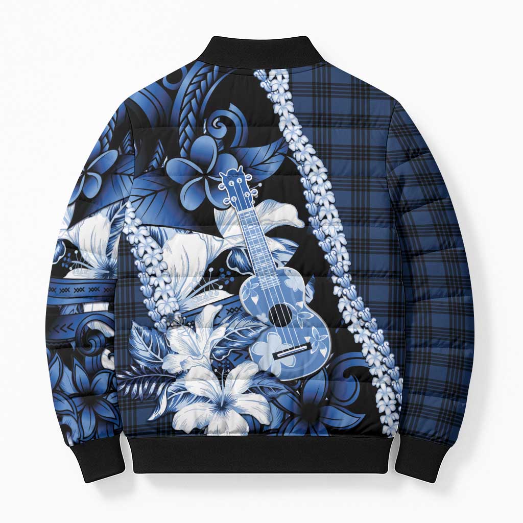 Hawaii Ukulele Bomber Puffer Jacket Tropical Flowers With Palaka Effect Blue Version - Polynesian Pride