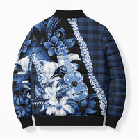 Hawaii Ukulele Bomber Puffer Jacket Tropical Flowers With Palaka Effect Blue Version - Polynesian Pride
