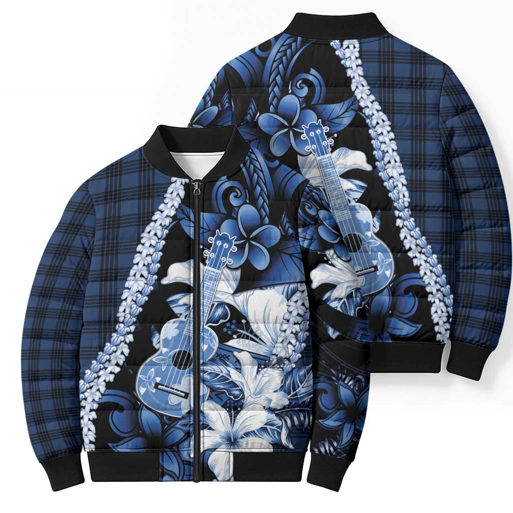 Hawaii Ukulele Bomber Puffer Jacket Tropical Flowers With Palaka Effect Blue Version - Polynesian Pride