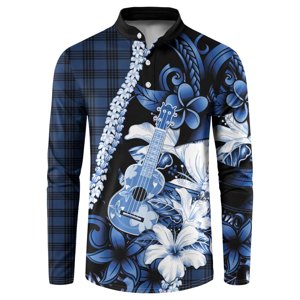 Hawaii Ukulele Button Sweatshirt Tropical Flowers With Palaka Effect Blue Version - Polynesian Pride