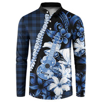 Hawaii Ukulele Button Sweatshirt Tropical Flowers With Palaka Effect Blue Version - Polynesian Pride