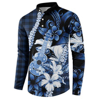 Hawaii Ukulele Button Sweatshirt Tropical Flowers With Palaka Effect Blue Version - Polynesian Pride