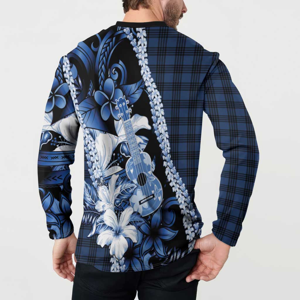 Hawaii Ukulele Button Sweatshirt Tropical Flowers With Palaka Effect Blue Version - Polynesian Pride