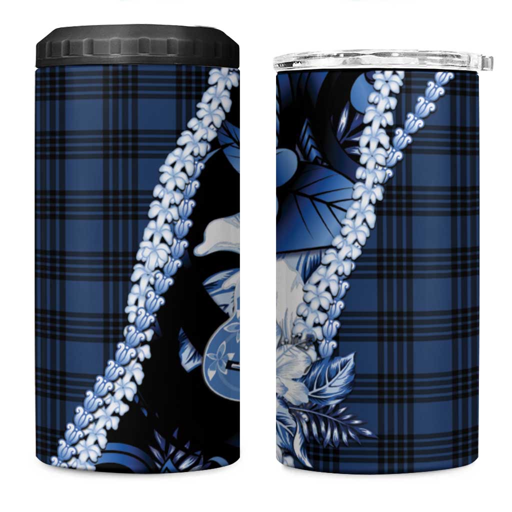 Hawaii Ukulele 4 in 1 Can Cooler Tumbler Tropical Flowers With Palaka Effect Blue Version - Polynesian Pride