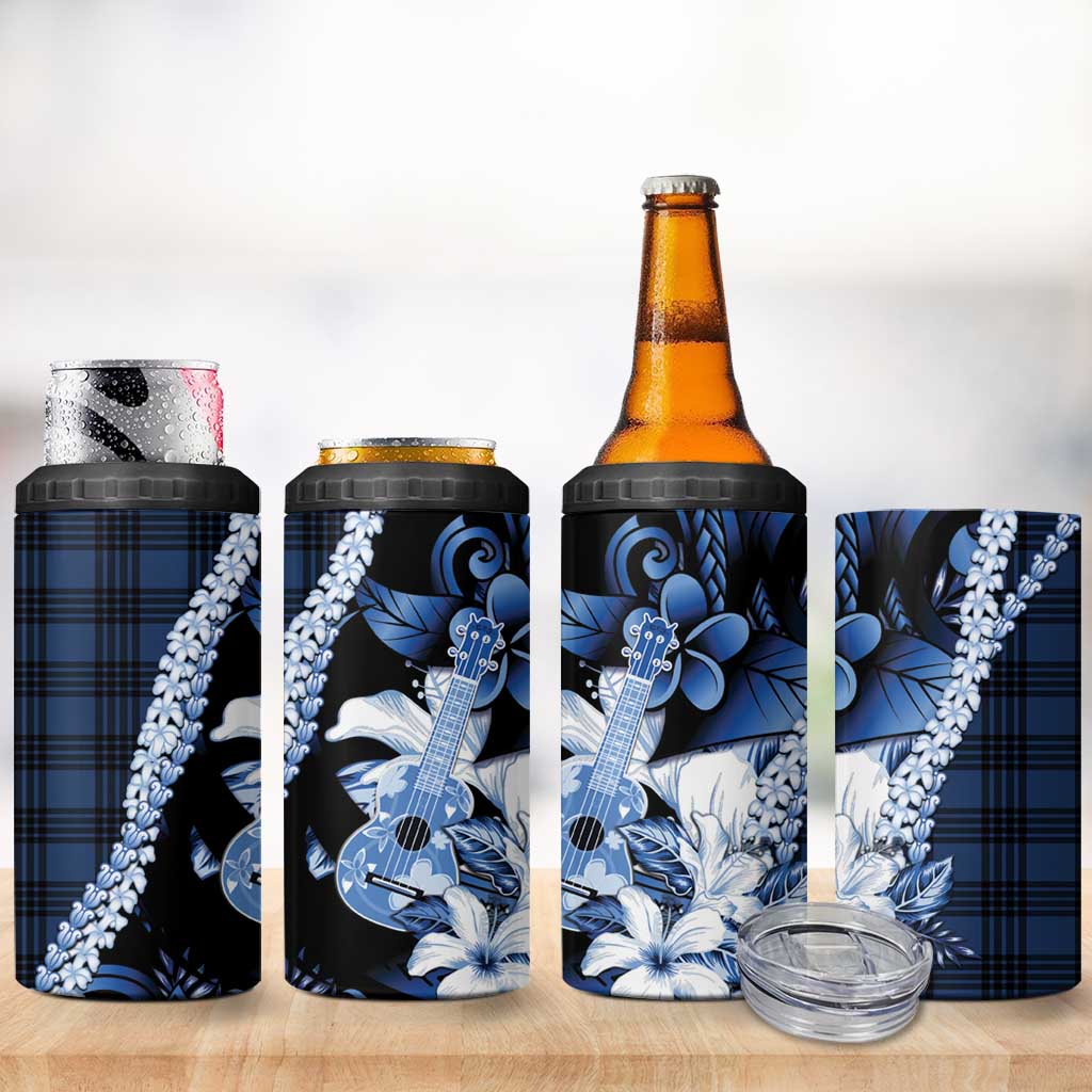 Hawaii Ukulele 4 in 1 Can Cooler Tumbler Tropical Flowers With Palaka Effect Blue Version - Polynesian Pride