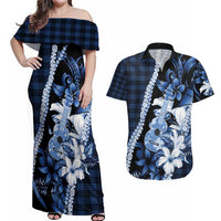 Hawaii Ukulele Couples Matching Off Shoulder Maxi Dress and Hawaiian Shirt Tropical Flowers With Palaka Effect Blue Version - Polynesian Pride