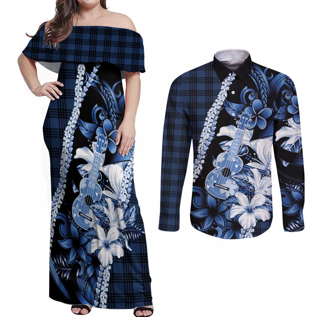 Hawaii Ukulele Couples Matching Off Shoulder Maxi Dress and Long Sleeve Button Shirt Tropical Flowers With Palaka Effect Blue Version - Polynesian Pride