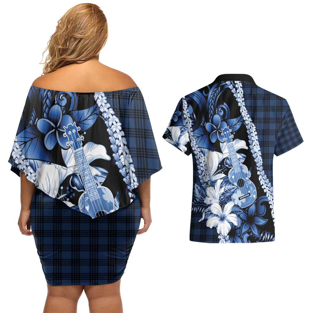 Hawaii Ukulele Couples Matching Off Shoulder Short Dress and Hawaiian Shirt Tropical Flowers With Palaka Effect Blue Version - Polynesian Pride