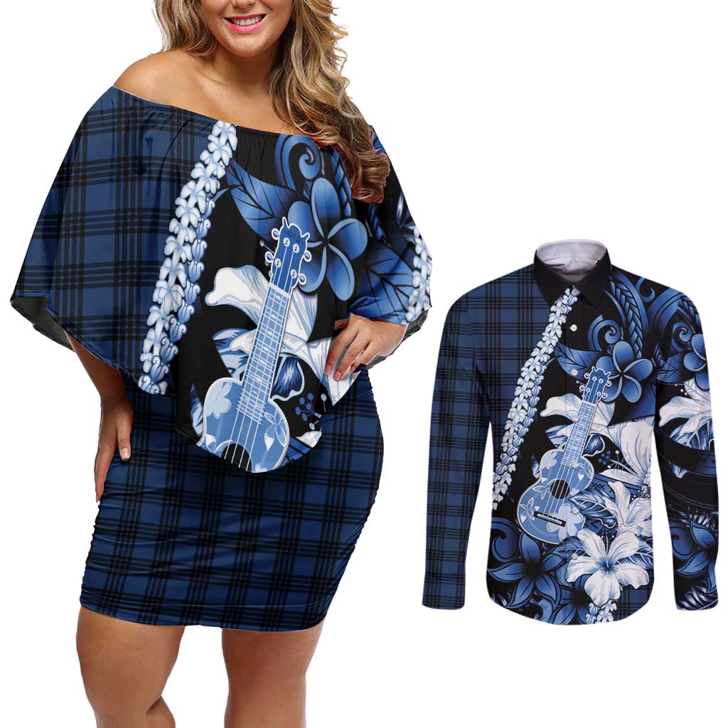Hawaii Ukulele Couples Matching Off Shoulder Short Dress and Long Sleeve Button Shirt Tropical Flowers With Palaka Effect Blue Version - Polynesian Pride