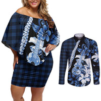 Hawaii Ukulele Couples Matching Off Shoulder Short Dress and Long Sleeve Button Shirt Tropical Flowers With Palaka Effect Blue Version - Polynesian Pride