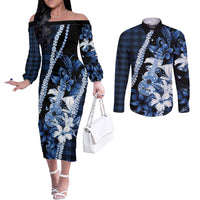 Hawaii Ukulele Couples Matching Off The Shoulder Long Sleeve Dress and Long Sleeve Button Shirt Tropical Flowers With Palaka Effect Blue Version - Polynesian Pride