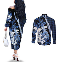 Hawaii Ukulele Couples Matching Off The Shoulder Long Sleeve Dress and Long Sleeve Button Shirt Tropical Flowers With Palaka Effect Blue Version - Polynesian Pride