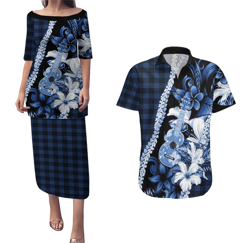 Hawaii Ukulele Couples Matching Puletasi and Hawaiian Shirt Tropical Flowers With Palaka Effect Blue Version LT05 Blue - Polynesian Pride