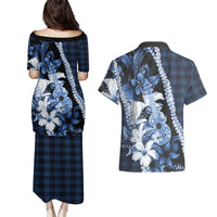 Hawaii Ukulele Couples Matching Puletasi and Hawaiian Shirt Tropical Flowers With Palaka Effect Blue Version LT05 - Polynesian Pride