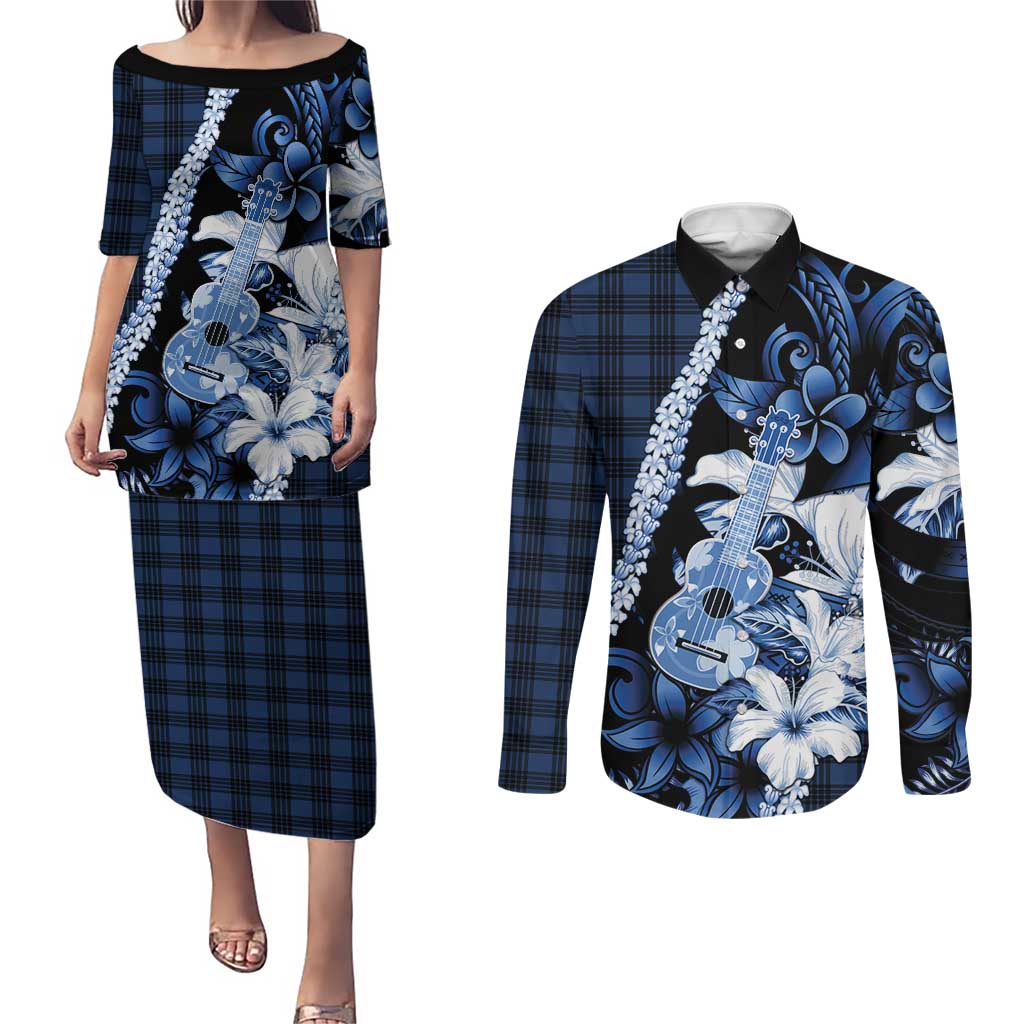 Hawaii Ukulele Couples Matching Puletasi and Long Sleeve Button Shirt Tropical Flowers With Palaka Effect Blue Version LT05 Blue - Polynesian Pride