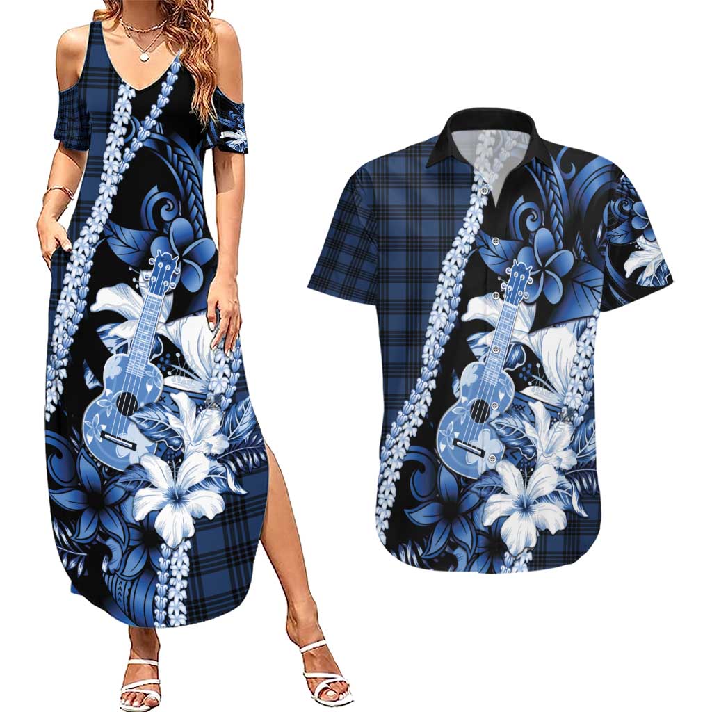 Hawaii Ukulele Couples Matching Summer Maxi Dress and Hawaiian Shirt Tropical Flowers With Palaka Effect Blue Version - Polynesian Pride