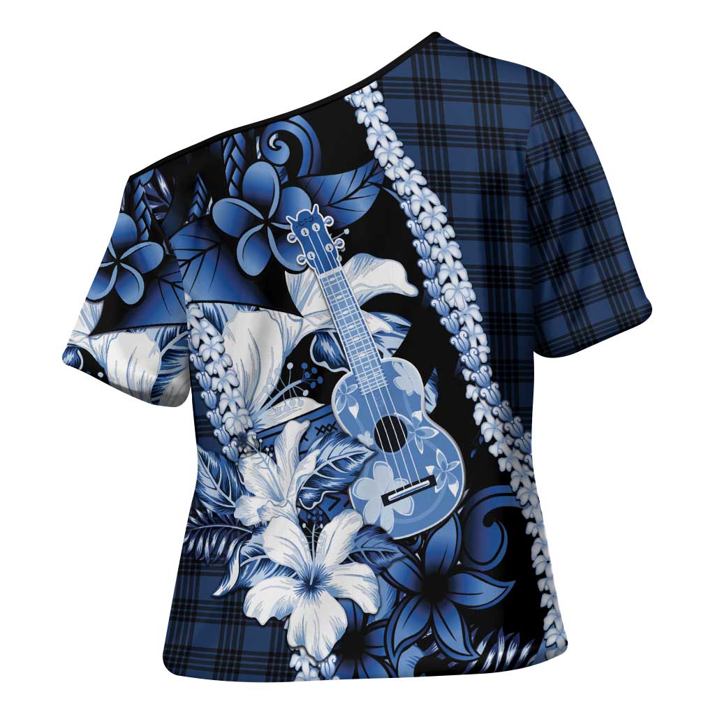 Hawaii Ukulele Cross Shoulder Shirt Tropical Flowers With Palaka Effect Blue Version - Polynesian Pride
