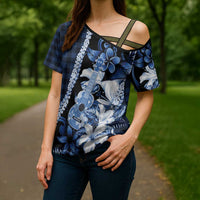 Hawaii Ukulele Cross Shoulder Shirt Tropical Flowers With Palaka Effect Blue Version - Polynesian Pride