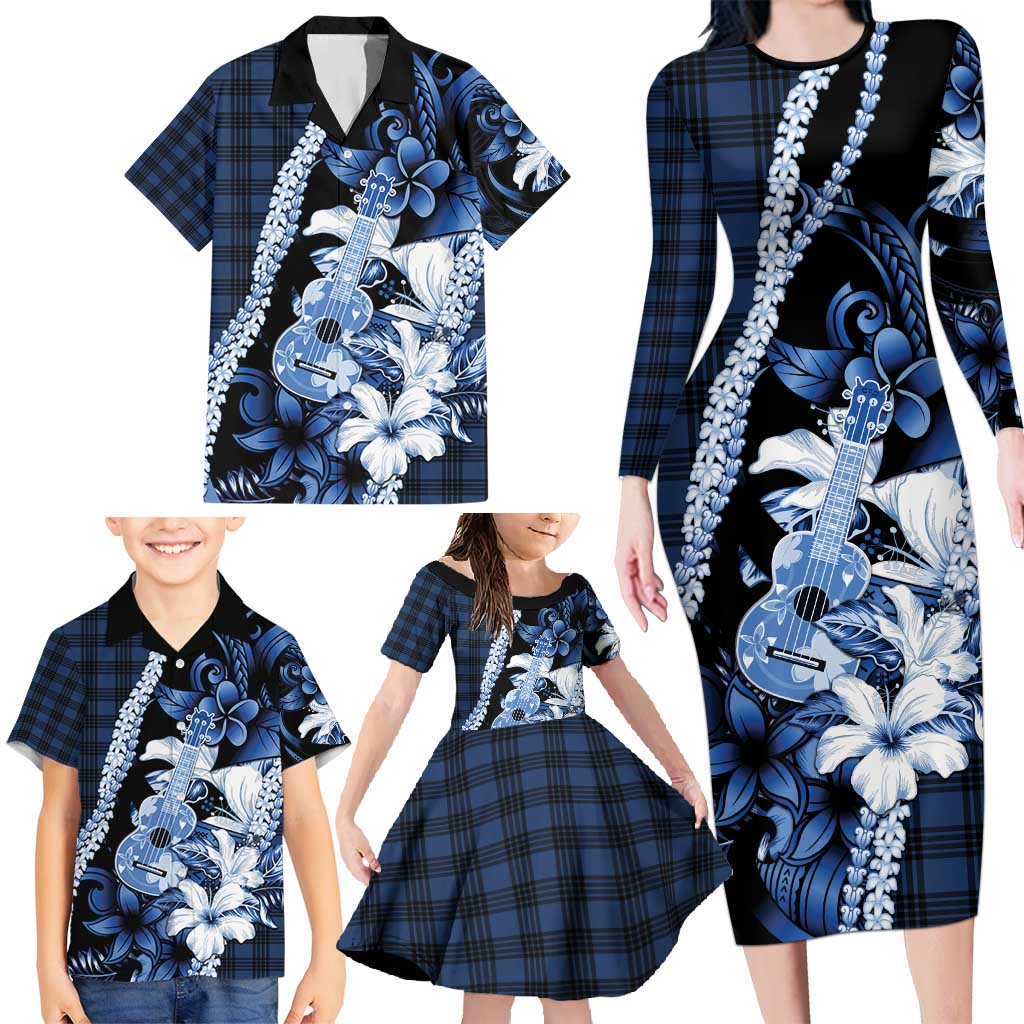 Hawaii Ukulele Family Matching Long Sleeve Bodycon Dress and Hawaiian Shirt Tropical Flowers With Palaka Effect Blue Version - Polynesian Pride