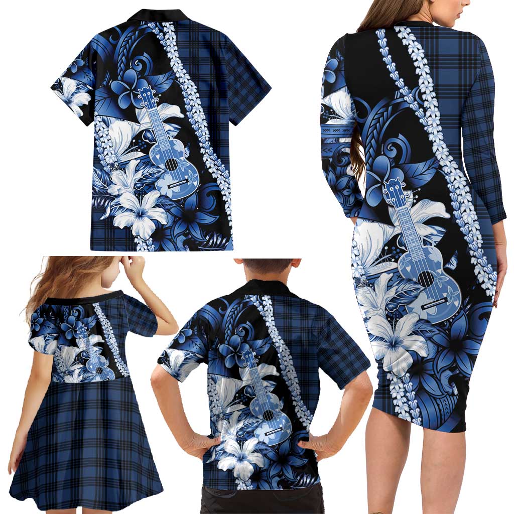 Hawaii Ukulele Family Matching Long Sleeve Bodycon Dress and Hawaiian Shirt Tropical Flowers With Palaka Effect Blue Version - Polynesian Pride