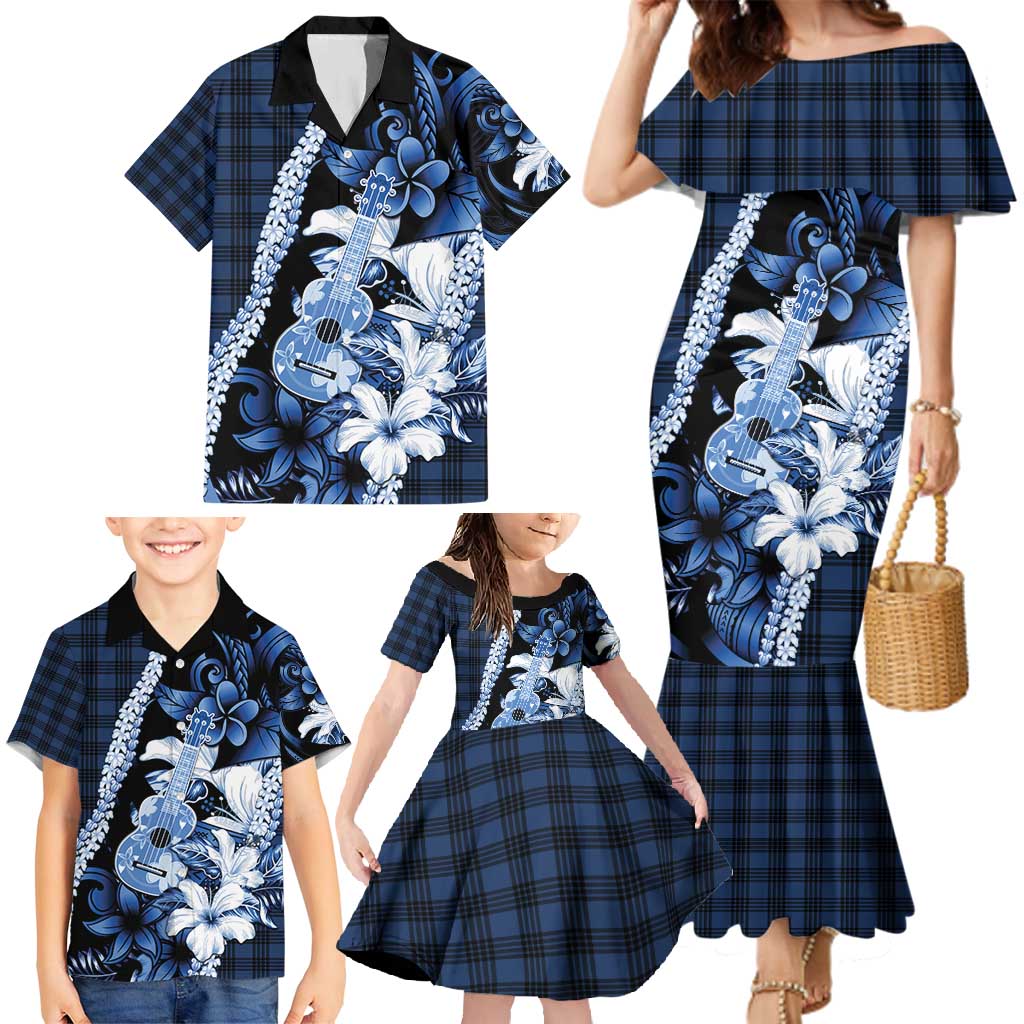 Hawaii Ukulele Family Matching Mermaid Dress and Hawaiian Shirt Tropical Flowers With Palaka Effect Blue Version - Polynesian Pride