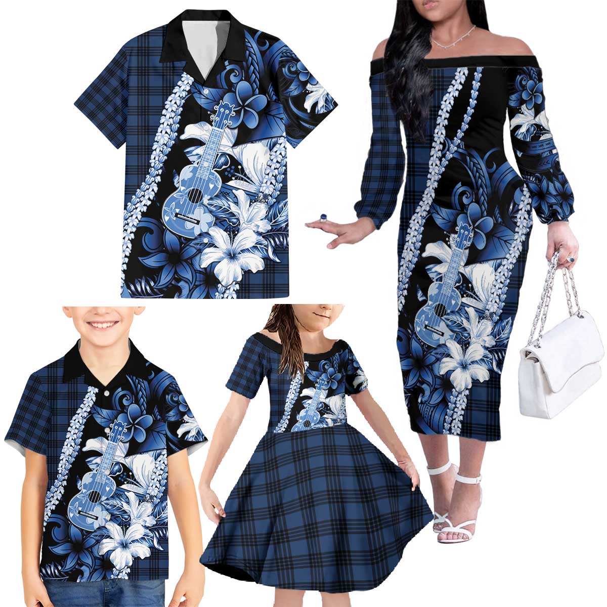 Hawaii Ukulele Family Matching Off The Shoulder Long Sleeve Dress and Hawaiian Shirt Tropical Flowers With Palaka Effect Blue Version - Polynesian Pride