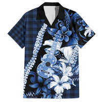 Hawaii Ukulele Family Matching Off The Shoulder Long Sleeve Dress and Hawaiian Shirt Tropical Flowers With Palaka Effect Blue Version - Polynesian Pride