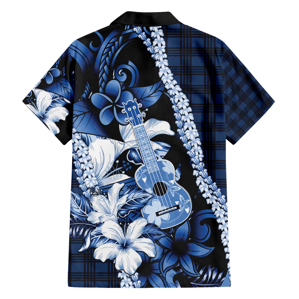 Hawaii Ukulele Family Matching Off The Shoulder Long Sleeve Dress and Hawaiian Shirt Tropical Flowers With Palaka Effect Blue Version - Polynesian Pride