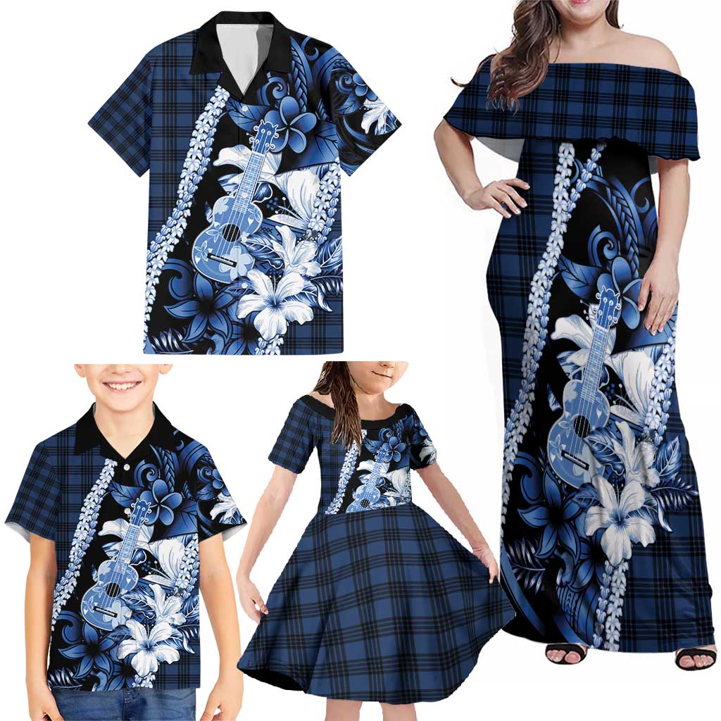 Hawaii Ukulele Family Matching Off Shoulder Maxi Dress and Hawaiian Shirt Tropical Flowers With Palaka Effect Blue Version - Polynesian Pride