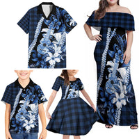 Hawaii Ukulele Family Matching Off Shoulder Maxi Dress and Hawaiian Shirt Tropical Flowers With Palaka Effect Blue Version - Polynesian Pride