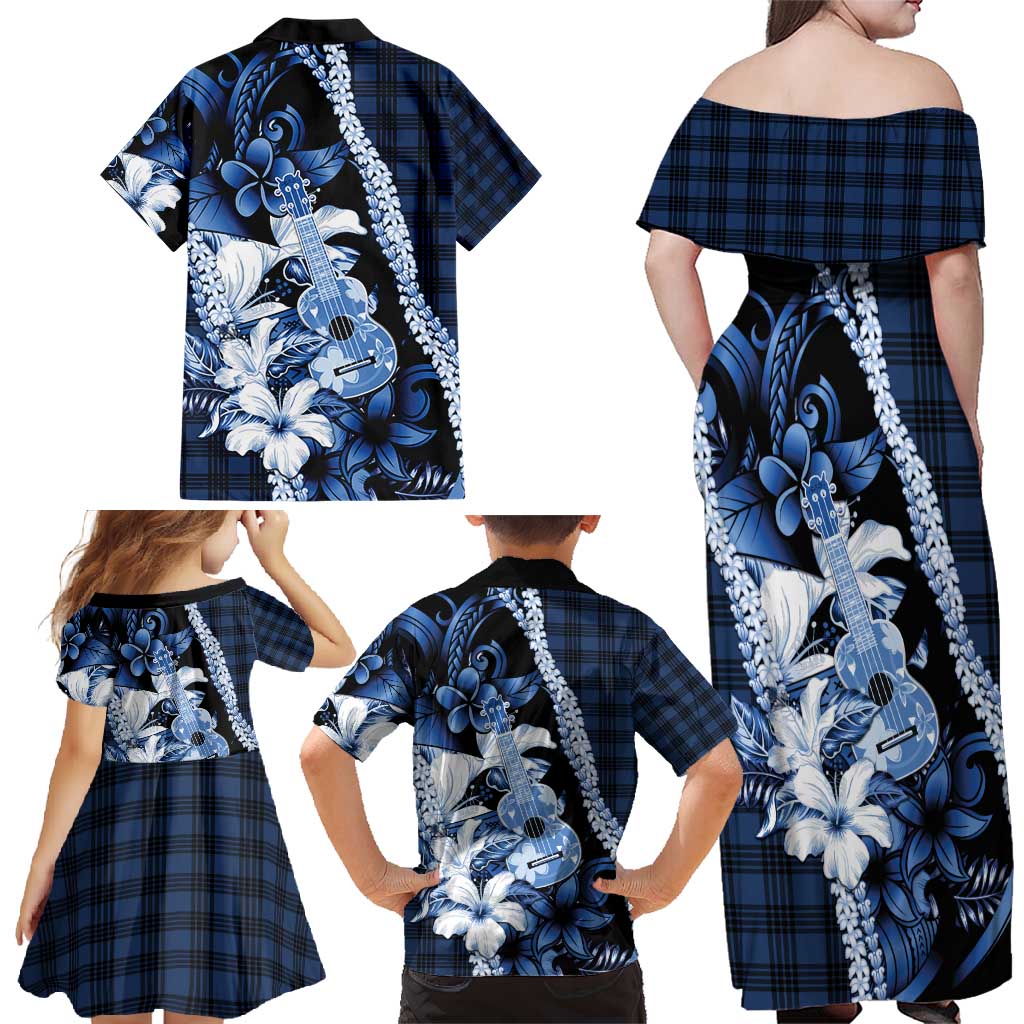 Hawaii Ukulele Family Matching Off Shoulder Maxi Dress and Hawaiian Shirt Tropical Flowers With Palaka Effect Blue Version - Polynesian Pride