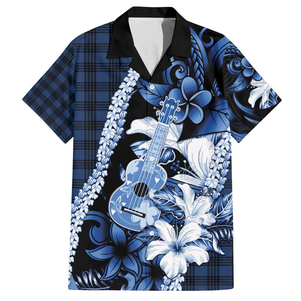 Hawaii Ukulele Family Matching Off Shoulder Maxi Dress and Hawaiian Shirt Tropical Flowers With Palaka Effect Blue Version - Polynesian Pride