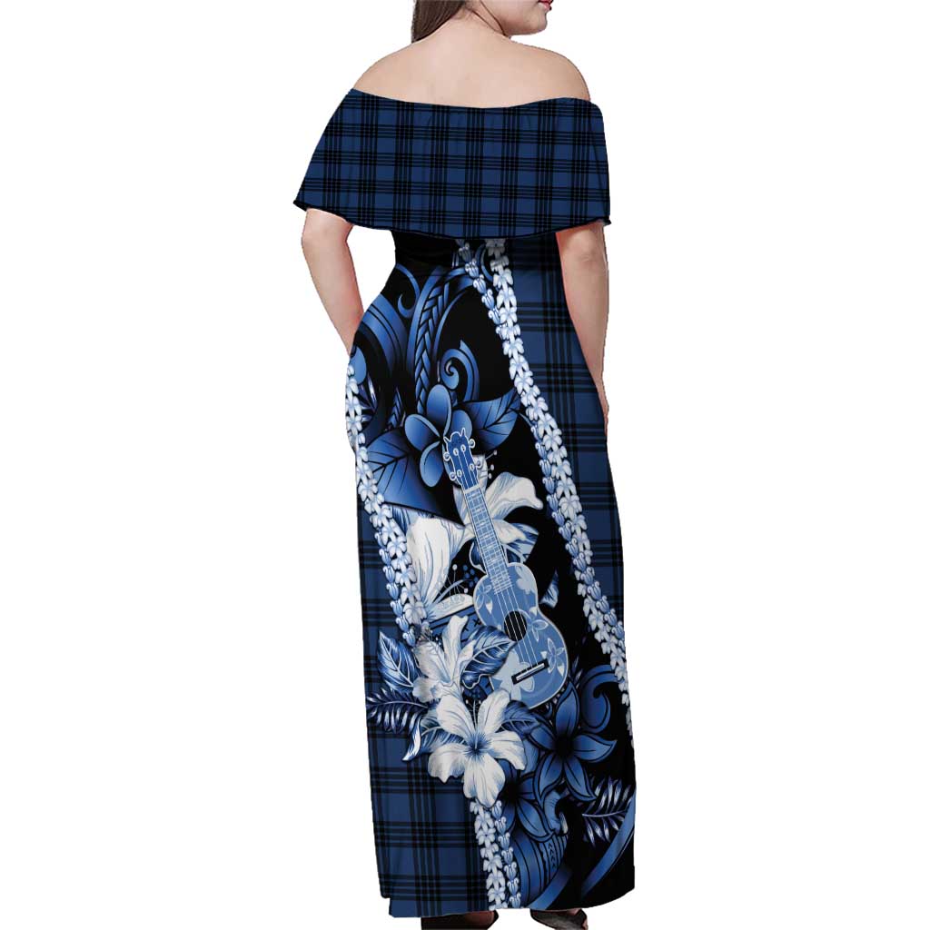 Hawaii Ukulele Family Matching Off Shoulder Maxi Dress and Hawaiian Shirt Tropical Flowers With Palaka Effect Blue Version - Polynesian Pride