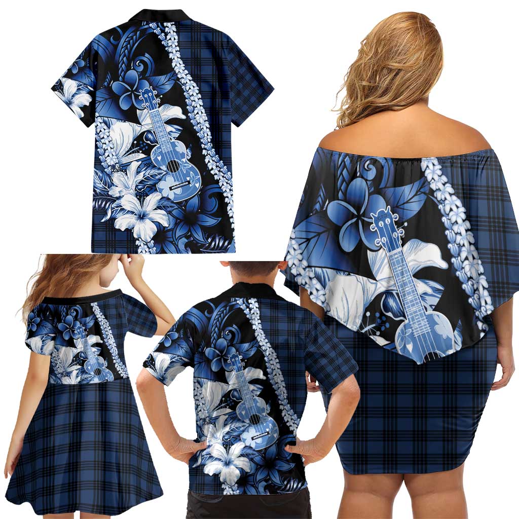 Hawaii Ukulele Family Matching Off Shoulder Short Dress and Hawaiian Shirt Tropical Flowers With Palaka Effect Blue Version - Polynesian Pride