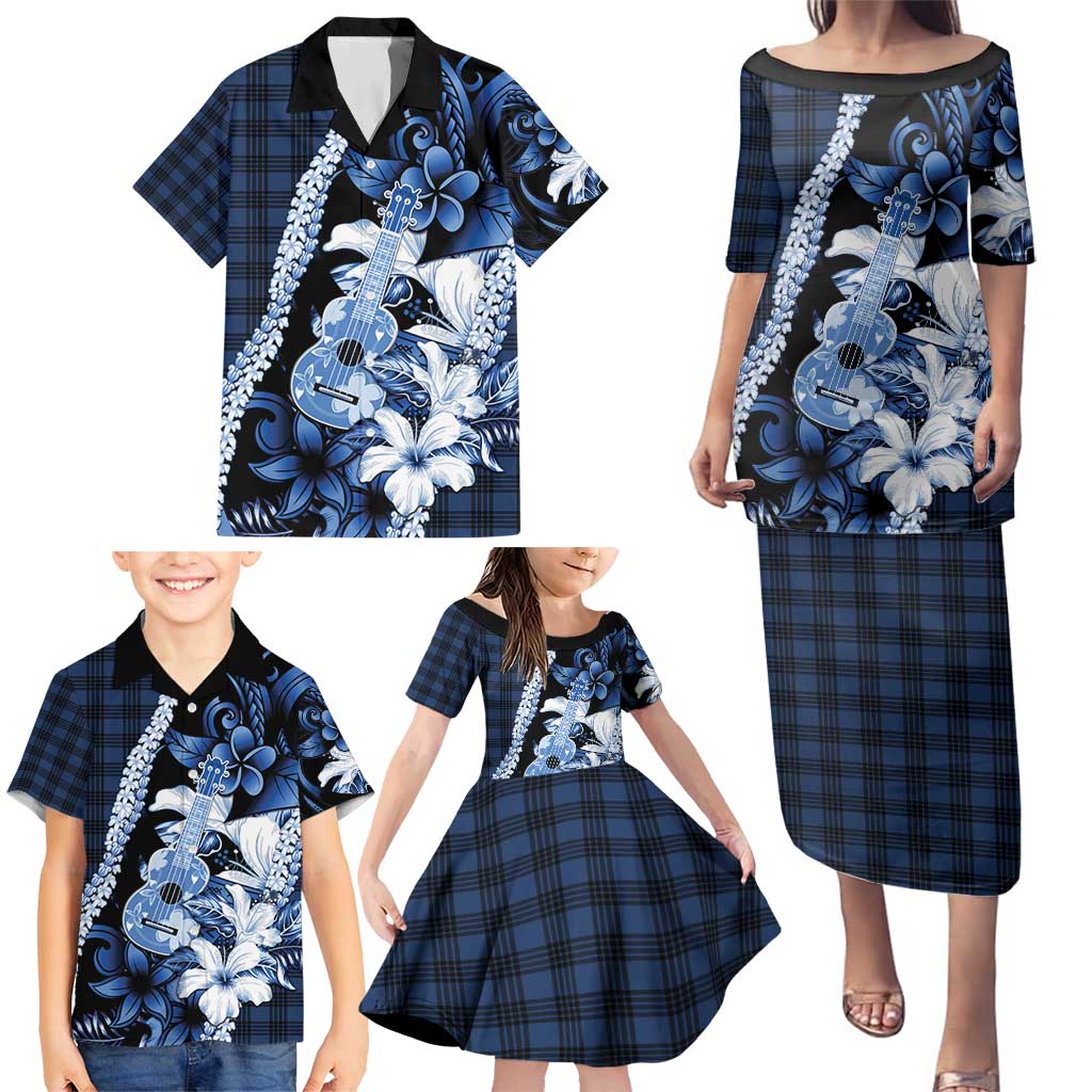 Hawaii Ukulele Family Matching Puletasi and Hawaiian Shirt Tropical Flowers With Palaka Effect Blue Version - Polynesian Pride