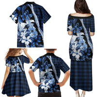 Hawaii Ukulele Family Matching Puletasi and Hawaiian Shirt Tropical Flowers With Palaka Effect Blue Version - Polynesian Pride