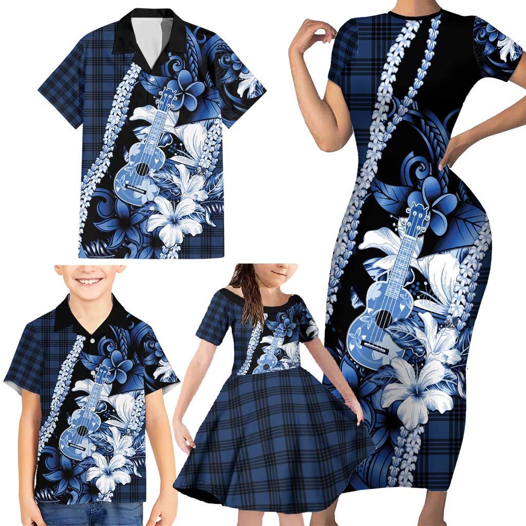 Hawaii Ukulele Family Matching Short Sleeve Bodycon Dress and Hawaiian Shirt Tropical Flowers With Palaka Effect Blue Version - Polynesian Pride
