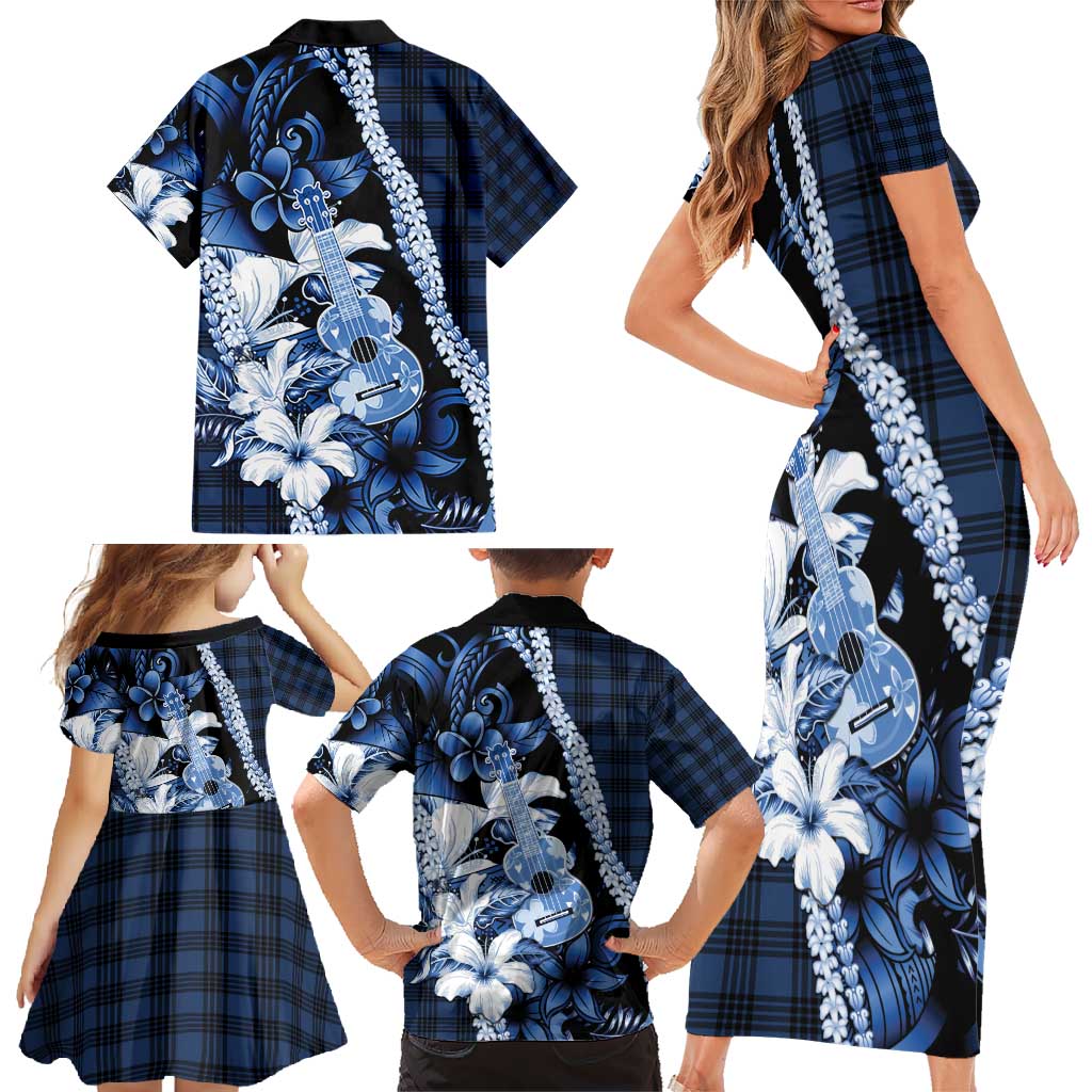 Hawaii Ukulele Family Matching Short Sleeve Bodycon Dress and Hawaiian Shirt Tropical Flowers With Palaka Effect Blue Version - Polynesian Pride