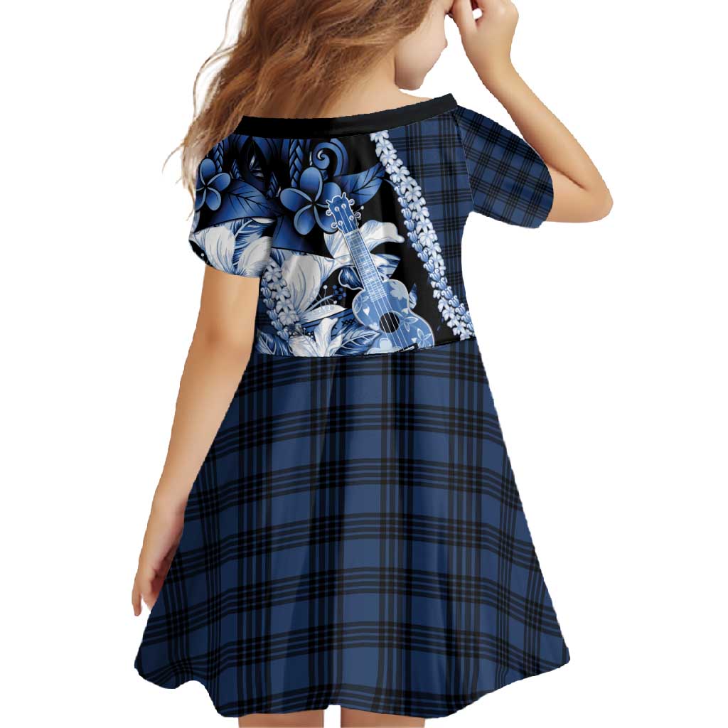 Hawaii Ukulele Family Matching Summer Maxi Dress and Hawaiian Shirt Tropical Flowers With Palaka Effect Blue Version - Polynesian Pride