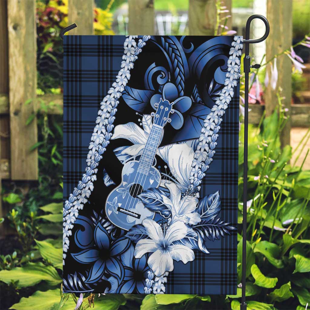 Hawaii Ukulele Garden Flag Tropical Flowers With Palaka Effect Blue Version - Polynesian Pride